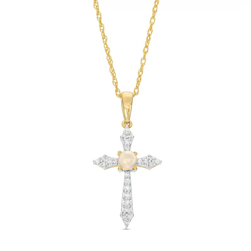 3.0mm Opal and 1/15 CT. T.W. Diamond Pointed Cross Pendant in 10K Gold