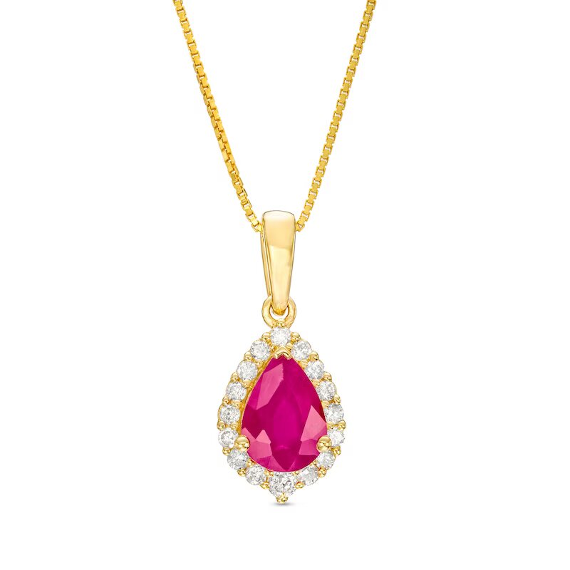 Pear-Shaped Ruby and 1/6 CT. T.W. Diamond Frame Pendant in 10K Gold