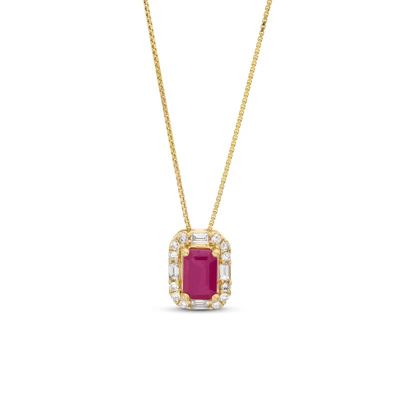 Emerald-Cut Ruby and 1/8 CT. T.W. Diamond Frame Pendant in 10K Gold