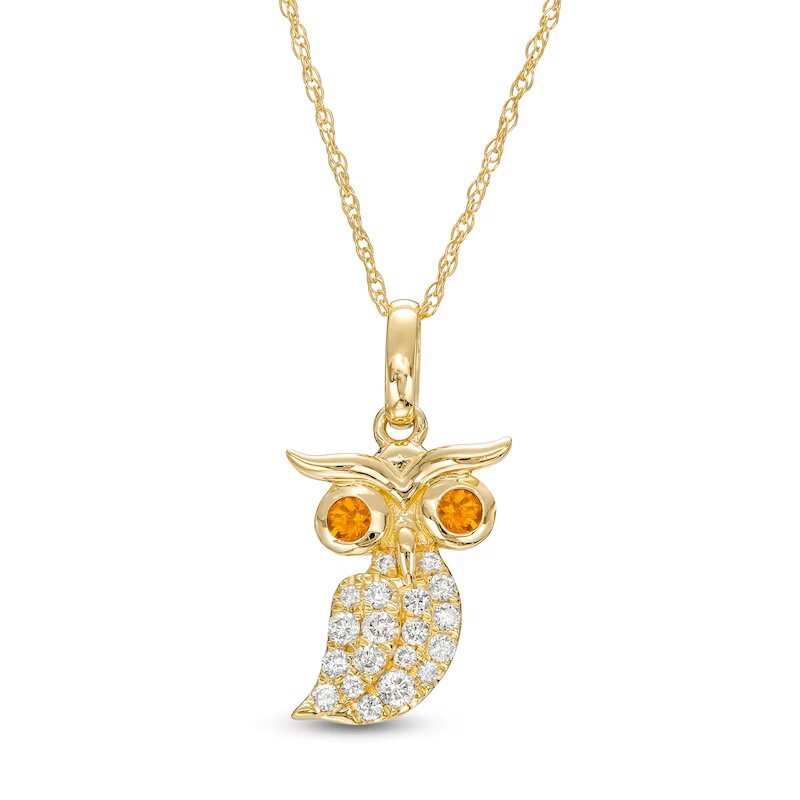 Orange Citrine and 1/8 CT. T.W. Diamond Owl Pendant in 10K Gold