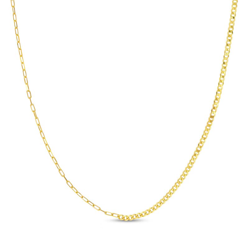 Solid Paper Clip and Curb Chain Half-and-Half Necklace in 14K Gold - 20"