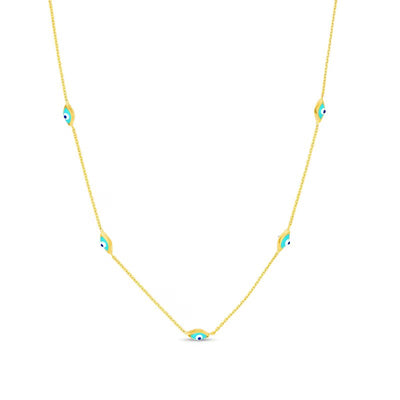 Turquoise Enamel Diamond-Cut Evil Eye Bead Station Necklace in 14K Gold