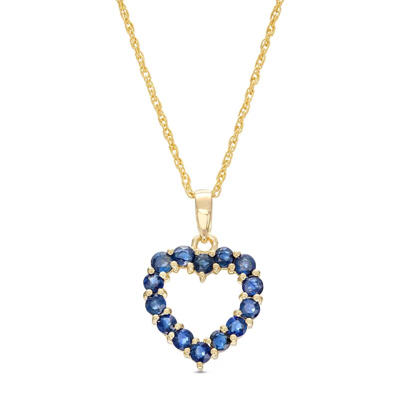 Blue Sapphire Heart Outline Drop Pendant in 10K Gold