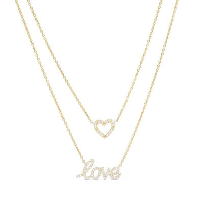 Love Talks 1/6 CT. T.W. Diamond "love" Cursive Script and Heart Double Strand Necklace in 10K Gold