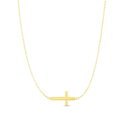 Multi-Finish Sideways Cross Necklace in 14K Gold