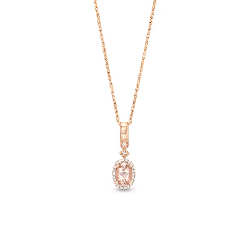 Oval Morganite and 1/15 CT. T.W. Diamond Frame Art Deco Drop Pendant in 10K Rose Gold