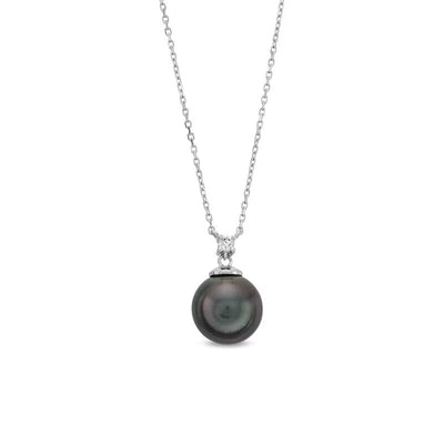 9.5-10.0mm Black Cultured Tahitian Pearl and Diamond Accent Drop Pendant in 14K White Gold