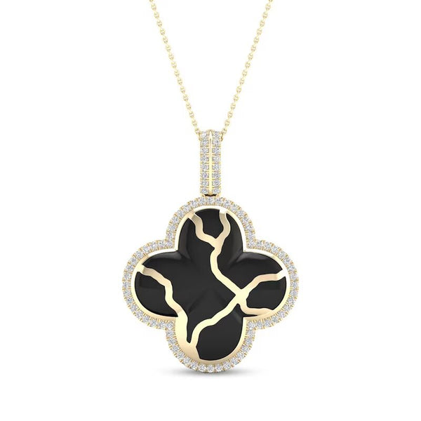 1/4 CT. T.W. Diamond Edge Clover Black Kintsugi-Style Pendant in 10K Gold with Ceramic