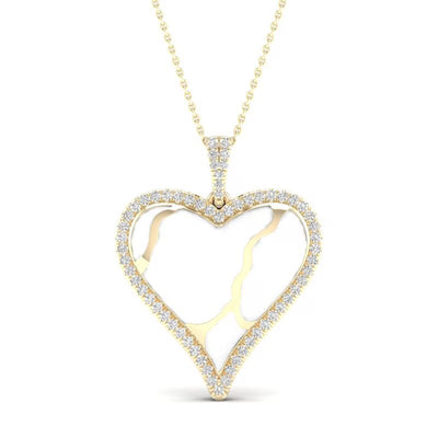 1/4 CT. T.W. Diamond Edge Heart White Kintsugi-Style Pendant in 10K Gold with Ceramic