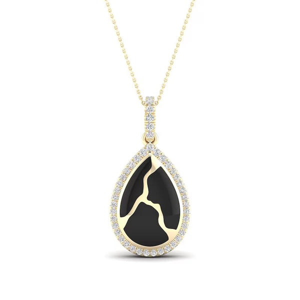 1/6 CT. T.W. Diamond Edge Teardrop Black Kintsugi-Style Pendant in 10K Gold with Ceramic