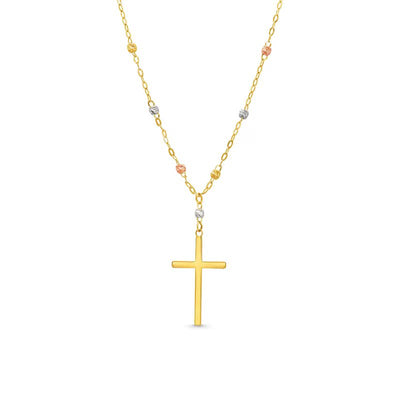 Brilliance-Bead Rosary-Style Cross Necklace in 14K Tri-Tone Gold