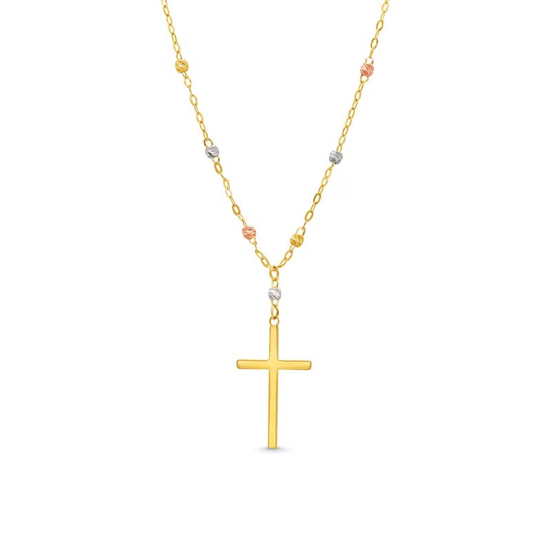 Brilliance-Bead Rosary-Style Cross Necklace in 14K Tri-Tone Gold