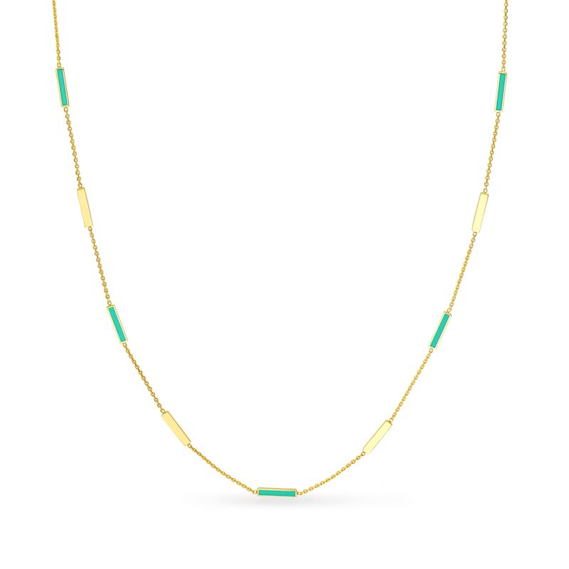 Alternating Turquoise Enamel and Polished Bar Station Necklace in 14K Gold