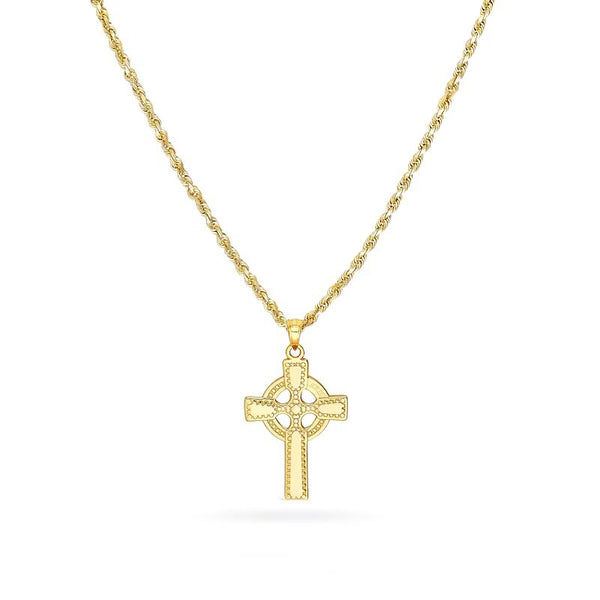 Beaded Flared Cross with Circle center Pendant in 14K Gold - 20"