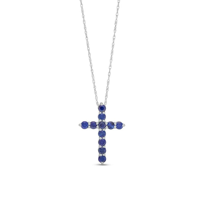 Blue Sapphire Cross Pendant in 10K White Gold