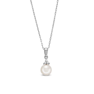 7.0 x 7.5mm Cultured Akoya Pearl and 1/20 CT. T.W. Diamond Cap Pendant in 14K White Gold