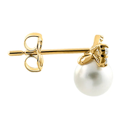 Solid 14K Yellow Gold Bow & Pearl Clear Lab Diamonds Earrings - Shryne Diamanti & Co.