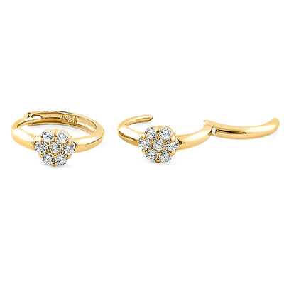 Solid 14K Yellow Gold Flower Round Lab Diamonds Hoop Earrings - Shryne Diamanti & Co.