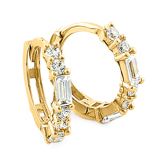 Solid 14K Yellow Gold Round & Baguette Straight Lab Diamonds Hoop Earrings - Shryne Diamanti & Co.
