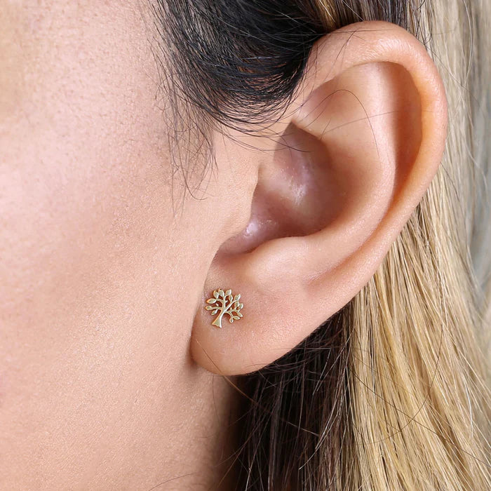 Solid 14K Yellow Gold Tree of Life Stud Earrings - Shryne Diamanti & Co.