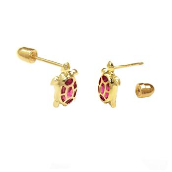14K Gold Turtle W. Red Lab Diamonds Screw-Back Stud Earrings - Shryne Diamanti & Co.