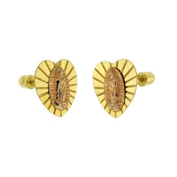 14K Solid Gold Lady of Guadalupe 2 Tone Heart-Shape W.Screw-Back Stud Earrings - Shryne Diamanti & Co.