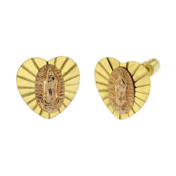 14K Solid Gold Lady of Guadalupe 2 Tone Heart-Shape W.Screw-Back Stud Earrings - Shryne Diamanti & Co.