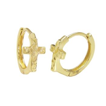 14K Solid Yellow Gold D/C Cross Huggie Hoop Earrings - Shryne Diamanti & Co.