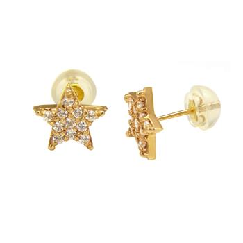 14K Solid Yellow Gold Star Lab Diamonds Stud Earrings W. Silicone Backing - Shryne Diamanti & Co.