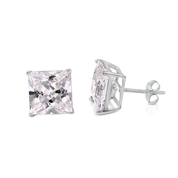 14K White Gold Lab Diamonds Princes-Cut 4 Prong Basket Stud Earrings W. Push Back - Shryne Diamanti & Co.