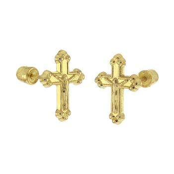 14K Yellow Gold Crucifix Cross Stud Earrings W. Screw Back - Shryne Diamanti & Co.