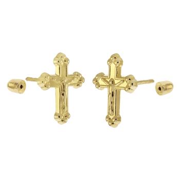 14K Yellow Gold Crucifix Cross Stud Earrings W. Screw Back - Shryne Diamanti & Co.