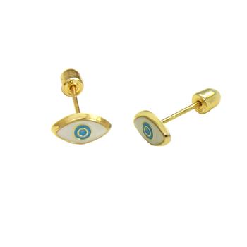 14K Yellow Gold Light Blue Evil Eye W. Screw Back Stud Earrings - Shryne Diamanti & Co.