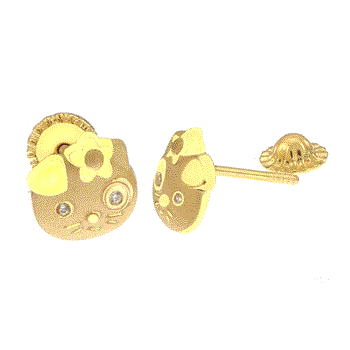 14K Gold Hello Kitty Stud Earrings W. Spanish Screw Back