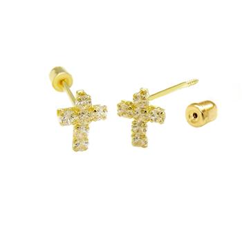 14K Gold Cubic Zirconia Cross W. Screw-Back Stud Earrings - Shryne Diamanti & Co.