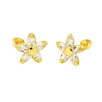 14K Gold Cubic Zirconia Star Flower W. Screw Back Stud Earrings - Shryne Diamanti & Co.