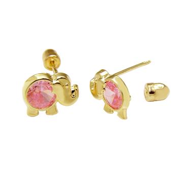 14K Yellow Gold Elephant & Pink Lab Diamonds W. Screw Back Stud Earrings - Shryne Diamanti & Co.