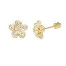 14K Gold Flower Cubic Zirconia Stud Earrings With Screw Back - Shryne Diamanti & Co.