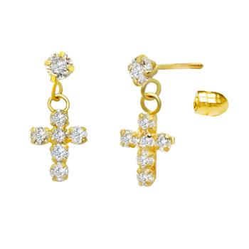 4mm Round Lab Diamonds W. Dangle Cross 14K Gold Earrings W. Screw Back - Shryne Diamanti & Co.