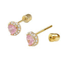 14K Gold Halo Lab Diamonds Pink Heart Stud Earrings W. Screw Back - Shryne Diamanti & Co.