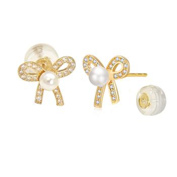 Pave Lab Diamonds Bow - Pearl Stud Earrings in 14K Gold W. Silicone Backing - Shryne Diamanti & Co.