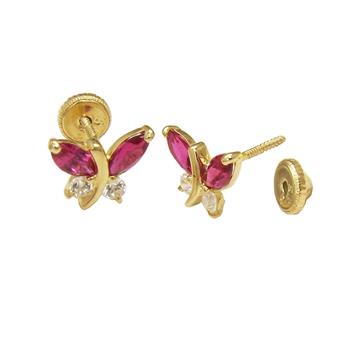 Red & White Lab Diamonds Dragonfly 14K Yellow Gold Stud Earrings W. Screw Back - Shryne Diamanti & Co.