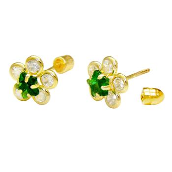 Simulated Emerald Halo Lab Diamonds Flower in 14K Gold W. Screw-Back Stud Earrings - Shryne Diamanti & Co.