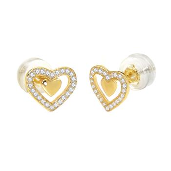 14K Gold Micro Pave Lab Diamonds Double Heart Stud Earrings W. Silicone Backing - Shryne Diamanti & Co.