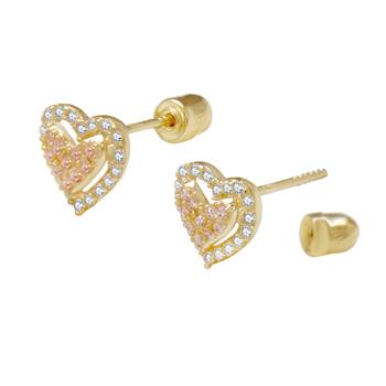 14K Gold Pave Lab Diamonds Pink Heart Stud earrings W. Screw Back - Shryne Diamanti & Co.