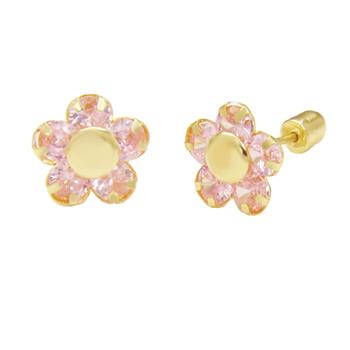 14K Gold Pink Cubic Zirconia Flower W. Screw-Back Stud Earrings - Shryne Diamanti & Co.