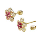 14K Gold Red Ruby Lab Diamonds Flower W. Screw Back Stud Earrings - Shryne Diamanti & Co.