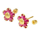 14K Gold Red Ruby Lab Diamonds Flower W. Screw Back Stud Earrings - Shryne Diamanti & Co.