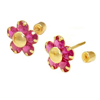 14K Gold Red Ruby Lab Diamonds Flower W. Screw Back Stud Earrings - Shryne Diamanti & Co.