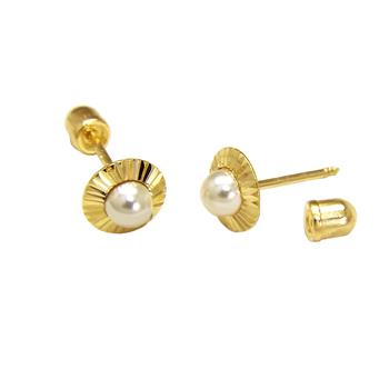 14K Gold Round D/C Disc & Pearl Stud Earrings W. Screw Back - Shryne Diamanti & Co.